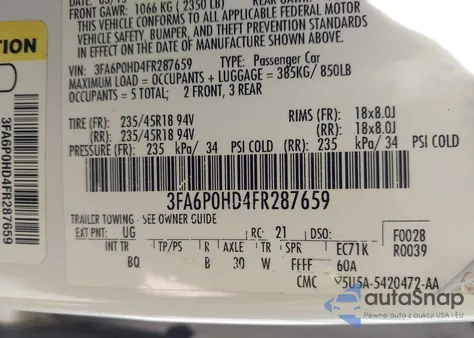 2015 Ford Fusion Se from USA, damaged, VIN 3FA6P0HD4FR287659